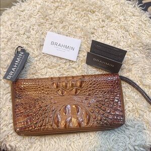 Brahmin Croc-Embossed Glossy Leather Wristlet in Cognac Brown